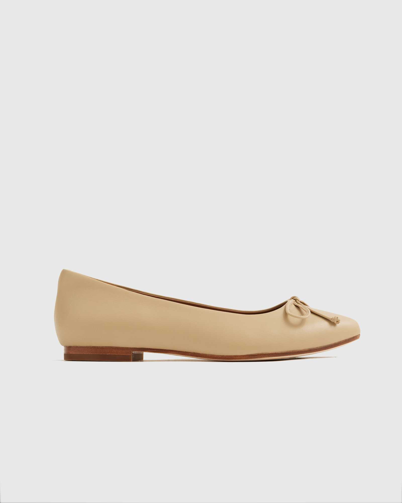almond Italian Leather Pointed Bow Flat