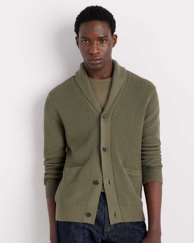 Bayberry Olive 100% Organic Cotton Ribbed Shawl-Collar Cardigan Sweater
