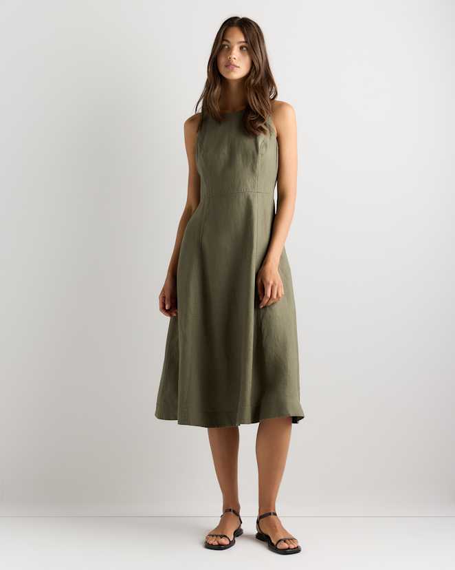 Bayberry Olive 100% European Linen High Neck Midi Dress