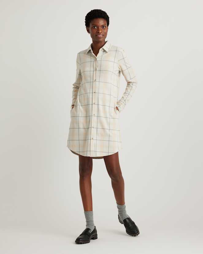 Oatmeal Check Stretch Sweater Fleece Shirt Dress