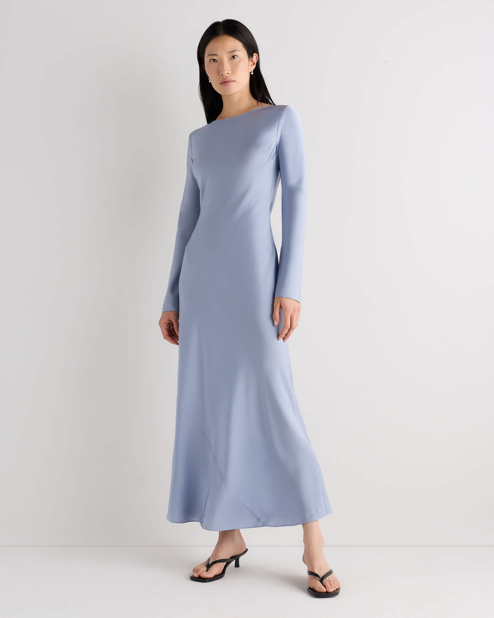 Horizon Blue Washable Stretch Silk Long Sleeve Maxi Dress