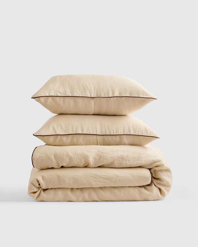Oat/Espresso European Linen Piped Duvet Cover Set