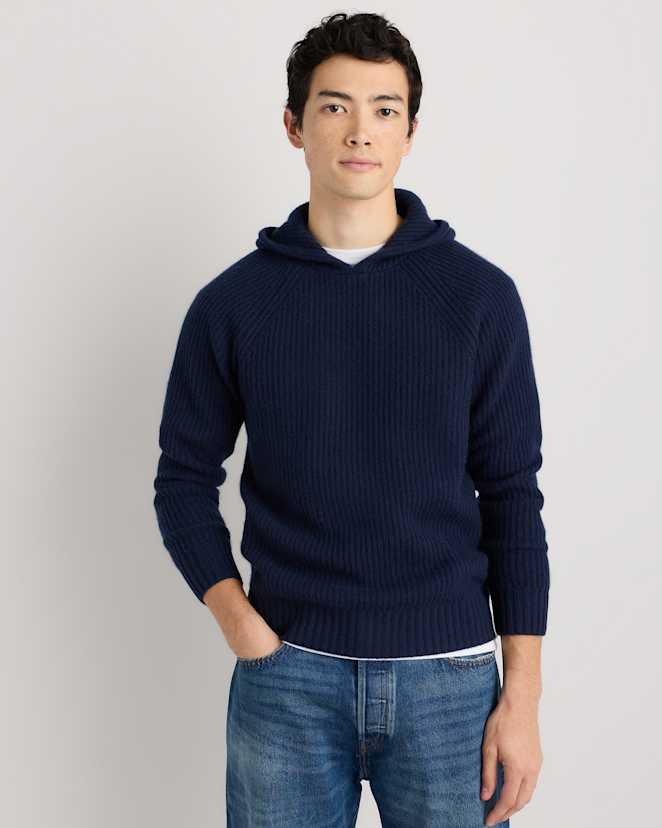 True Navy Mongolian Cashmere Fisherman Pullover Hoodie