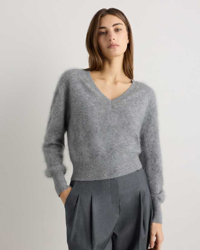 Heather Grey Brushed Cashmere Shrunken V-Neck Sweater