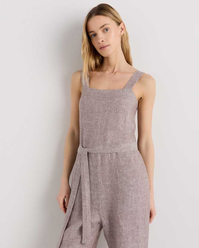 Taupe Brown Chambray 100% European Linen Square Neck Jumpsuit