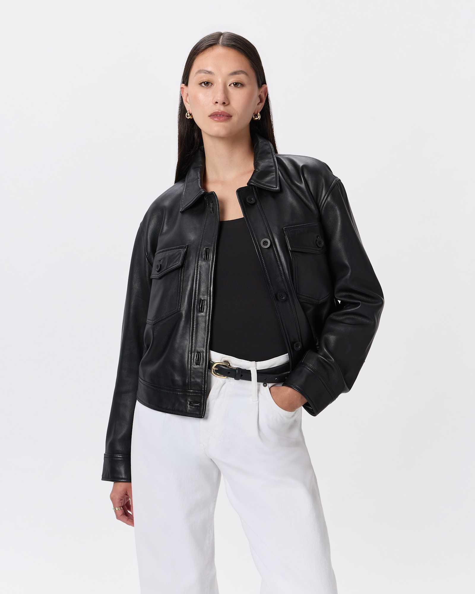 black 100% Leather Cropped Jacket