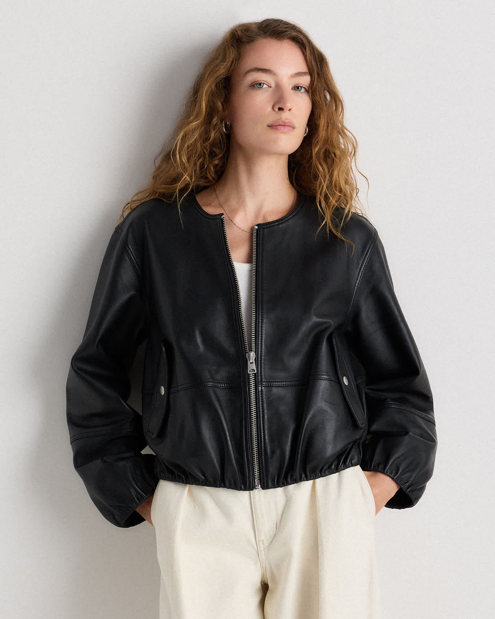 true-black 100% Leather Collarless Cropped Jacket