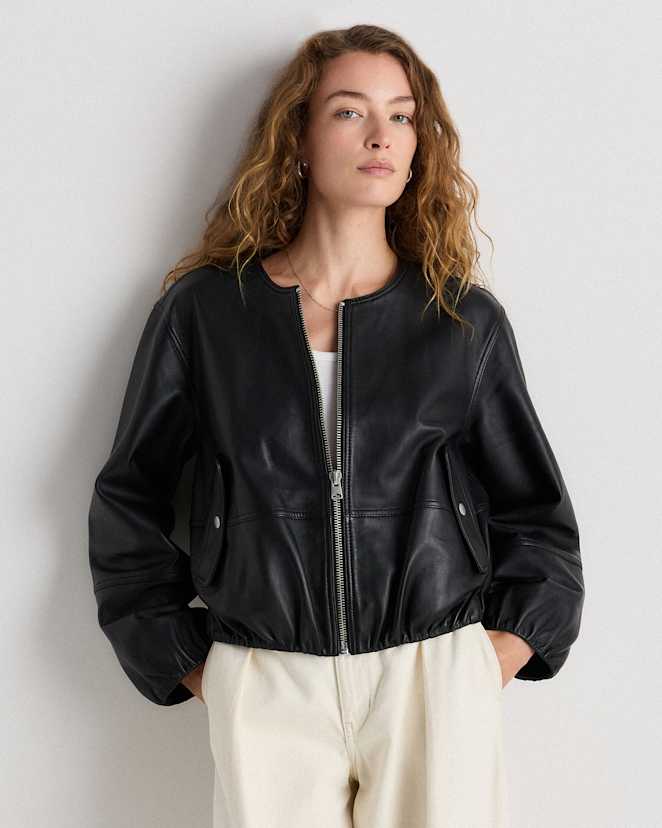 True Black 100% Leather Collarless Cropped Bubble Hem Jacket