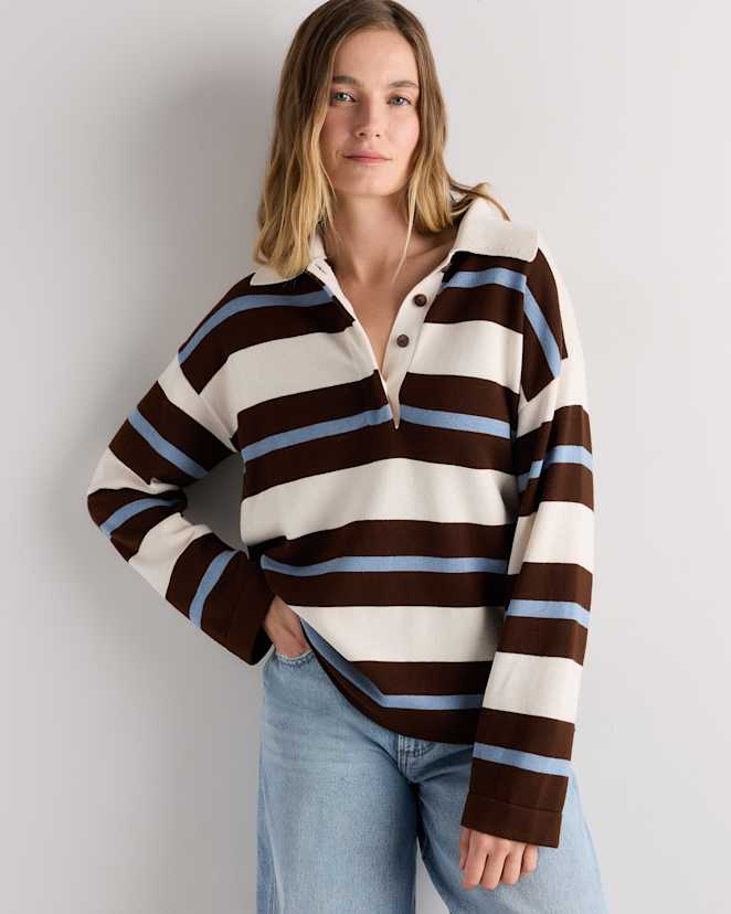 Bone / Brown / Mountain Spring Blue Variegated Stripe Pull style polo de rugby en coton et cachemire