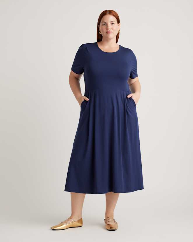 Navy Tencel Jersey Short Sleeve Midi Dress