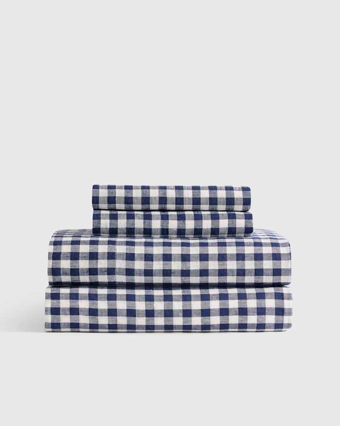 Navy Gingham European Linen Sheet Set