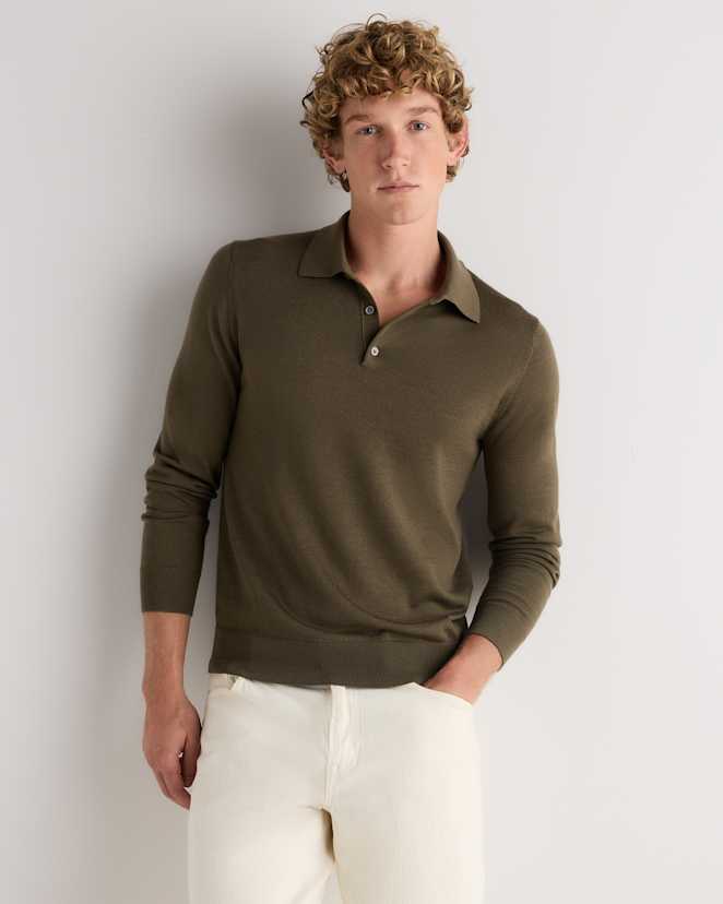 Olive Worsted Merino Wool Polo Sweater