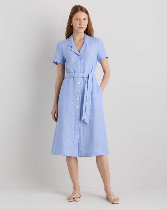 French Blue 100% European Linen Button Front Dress