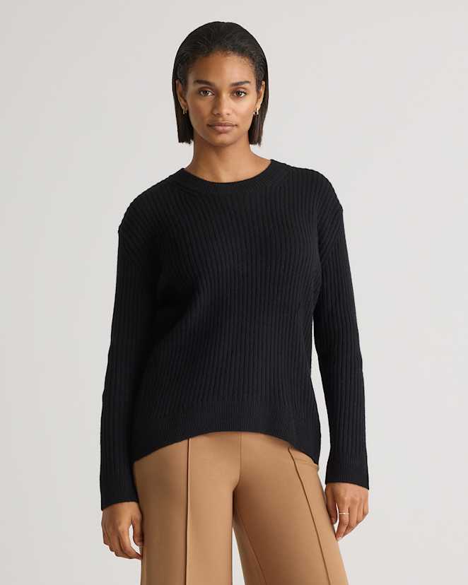 Black Mongolian Cashmere Relaxed Wide-Rib Crewneck Sweater