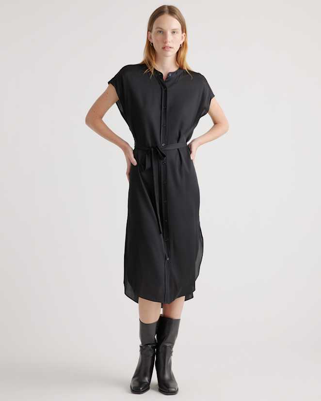 Black Washable Stretch Silk Midi Shirt Dress