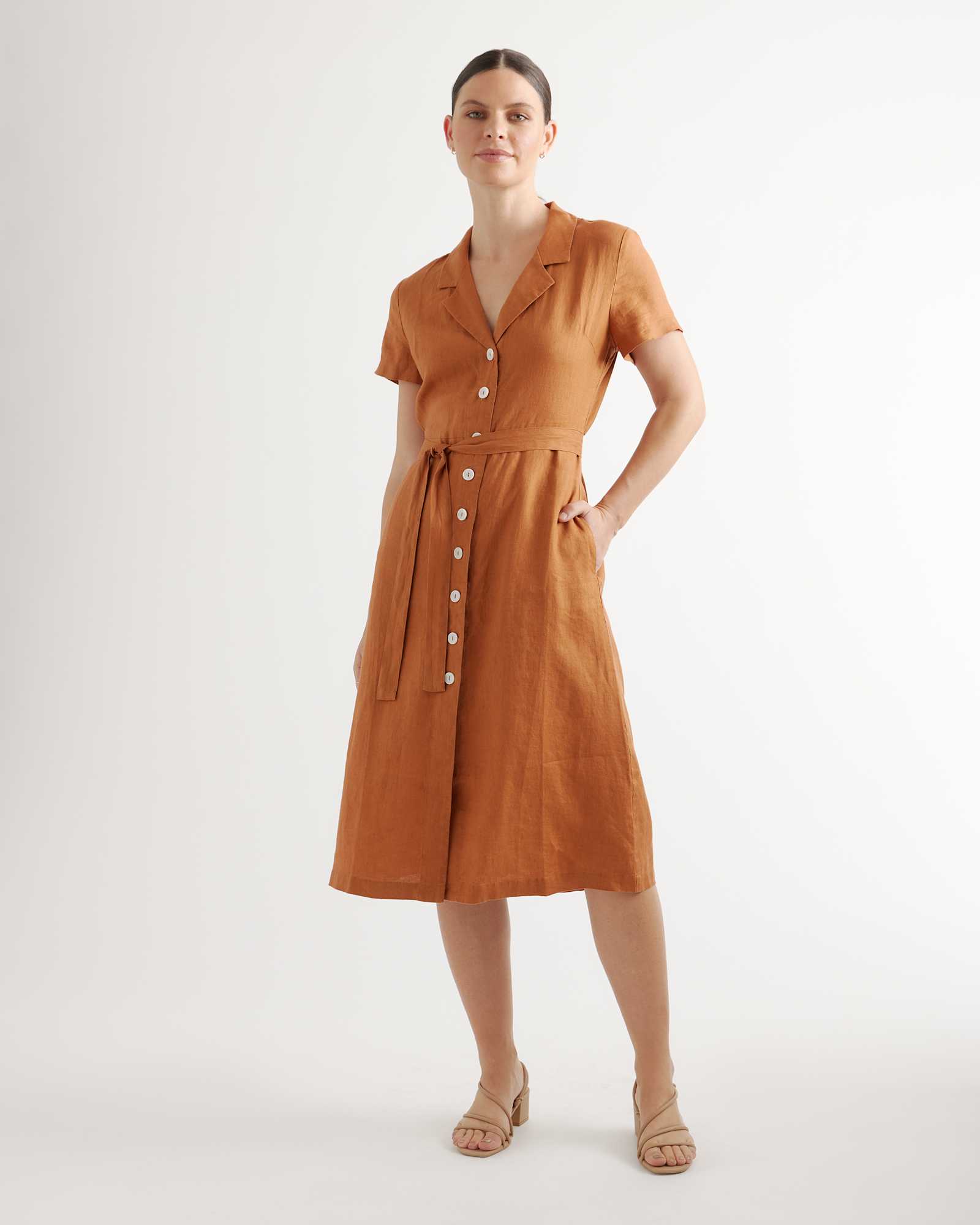 terracotta 100% European Linen Button Front Dress