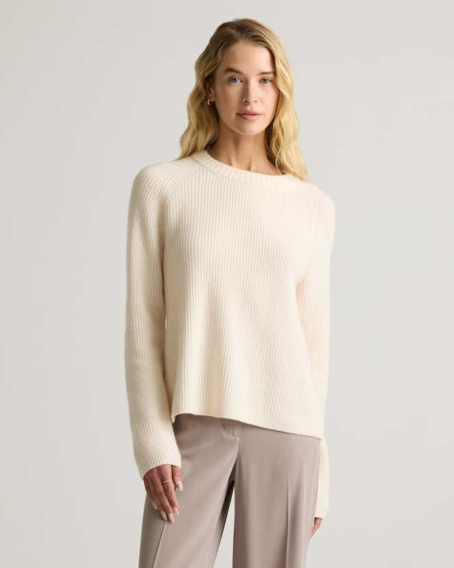 Ivory Mongolian Cashmere Fisherman Crewneck Sweater