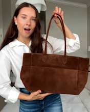 THUMB Italian Suede Shopper Tote Chocolate Brown Yeva Gavrilov 4x5
