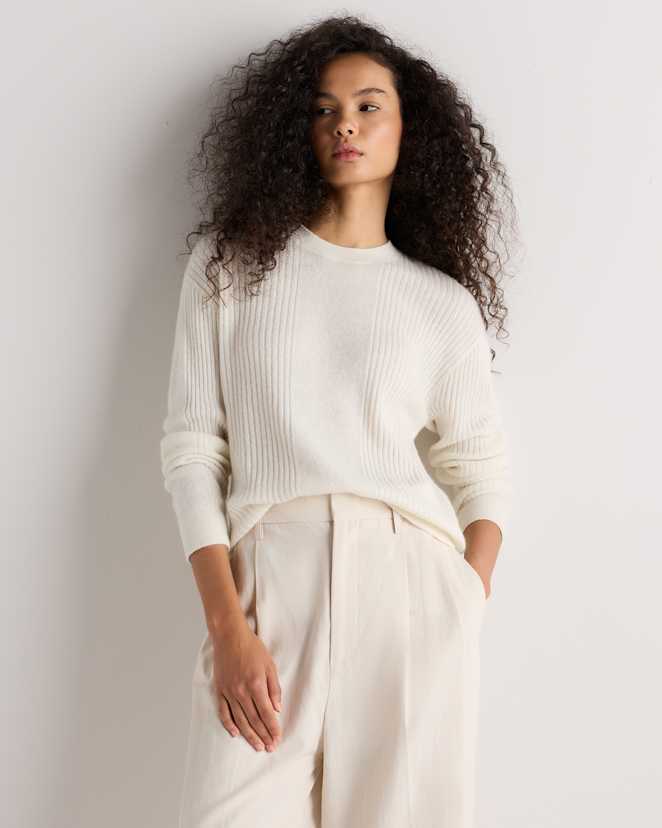 Stone Ivory Lightweight Baby Alpaca Ribbed Crewneck