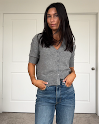 Mongolian Cashmere Short Sleeve Cardigan Heather Grey Gabby Crays 4x5