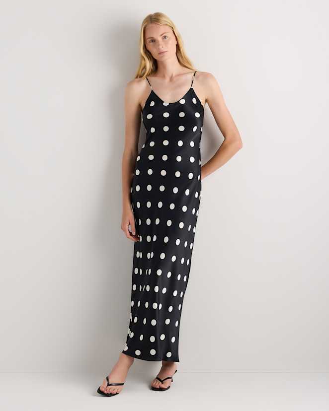 Noir Large Dot 100% Washable Silk Maxi Slip Dress