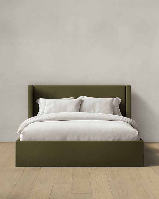 Olive 100% Linen Wingback Bed