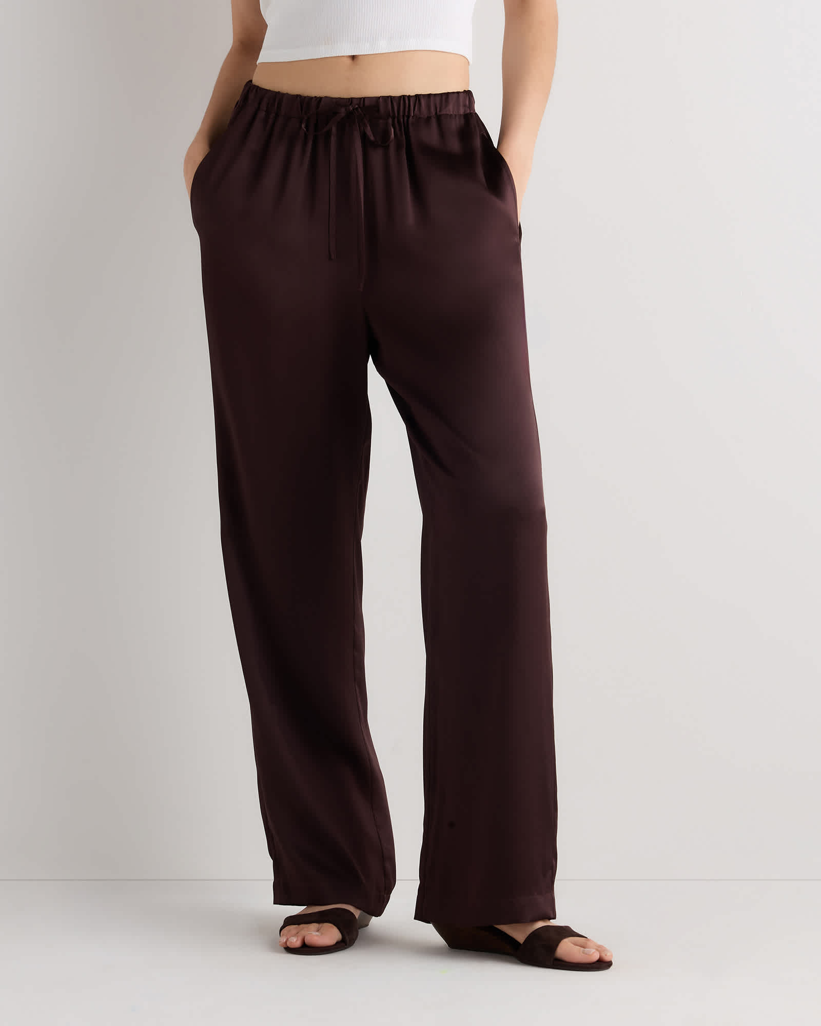 Chocolate Plum Brown 100% Washable Silk Drawstring Wide Leg Pants