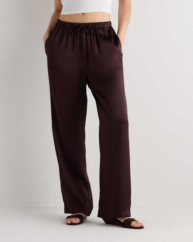 Chocolate Plum Brown 100% Washable Silk Drawstring Wide Leg Pants