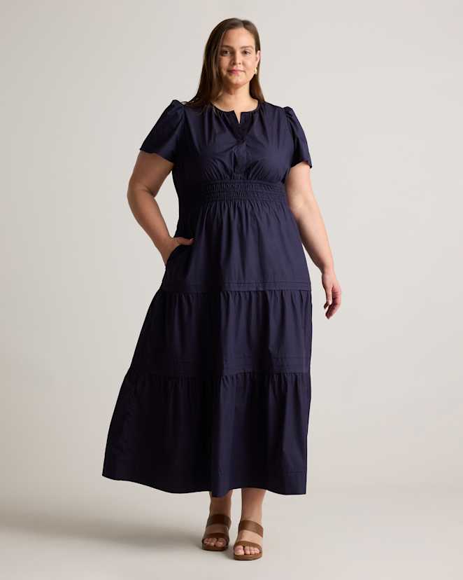Navy 100% Organic Cotton Poplin Tiered Maxi Dress