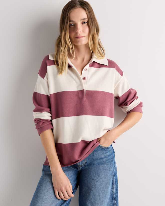 Bone / Crushed Berry Purple Rugby Stripe Cotton Cashmere Rugby Polo Sweater