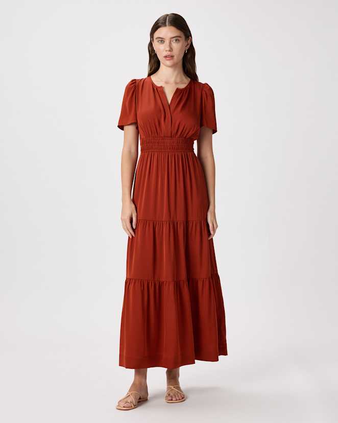 Paprika Red Washable Stretch Silk Tiered Maxi Dress
