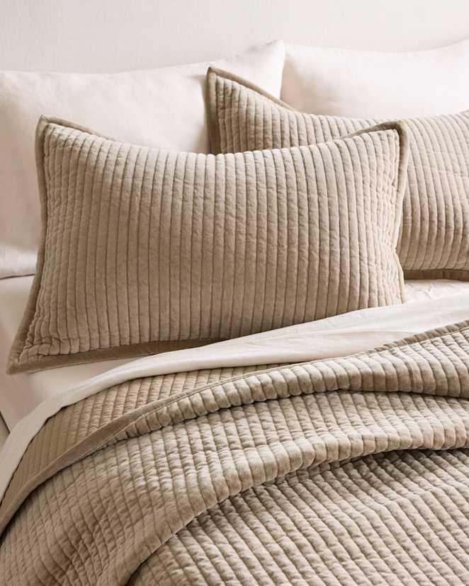 Light Taupe Cotton Velvet Channel Quilted Sham Set