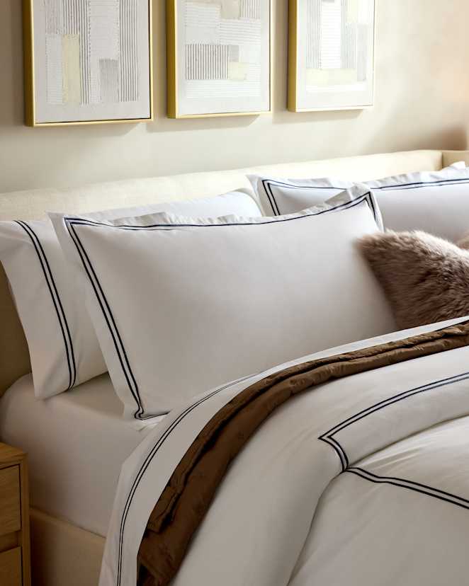 White/Navy Classic Organic Percale Embellished Sham Set