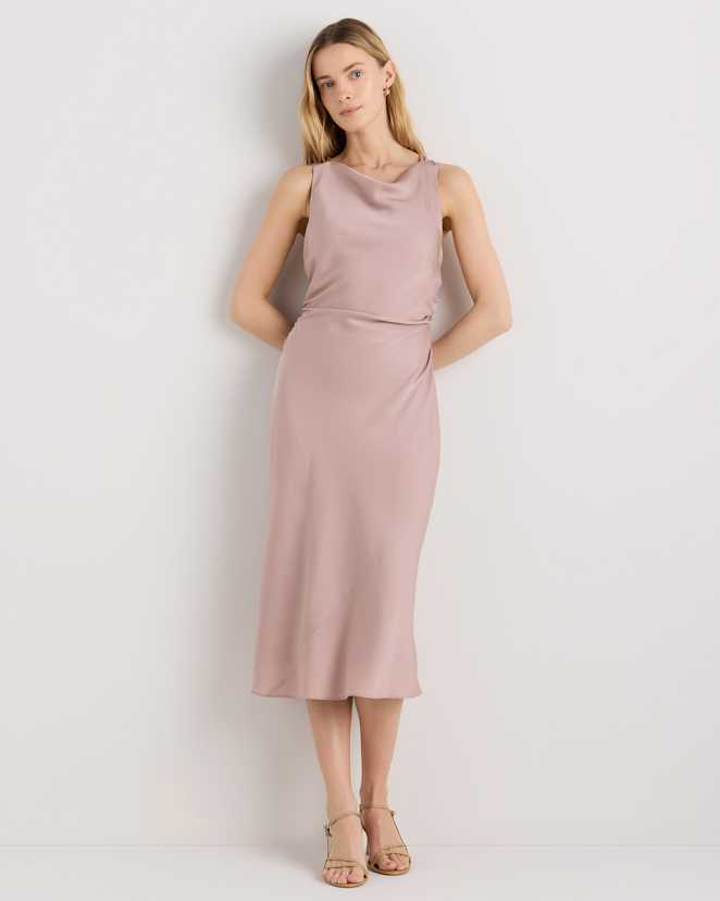 Vintage Pink Washable Stretch Silk High Neck Midi Dress