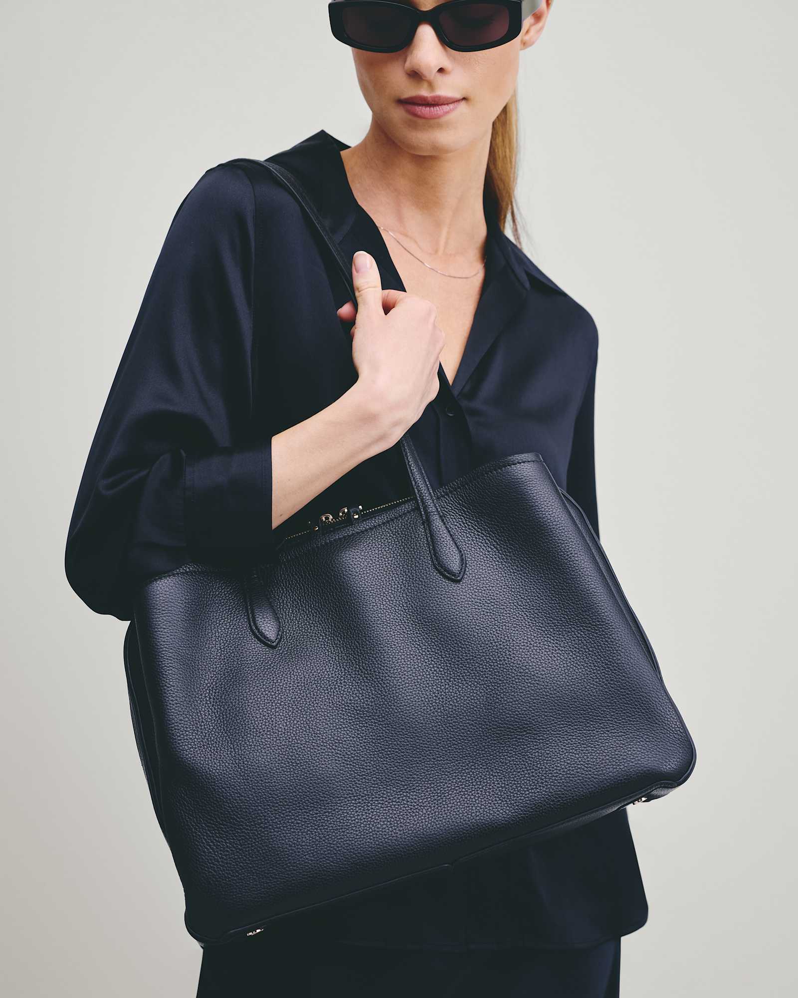 Black Italian Leather Triple Compartment Work Tote