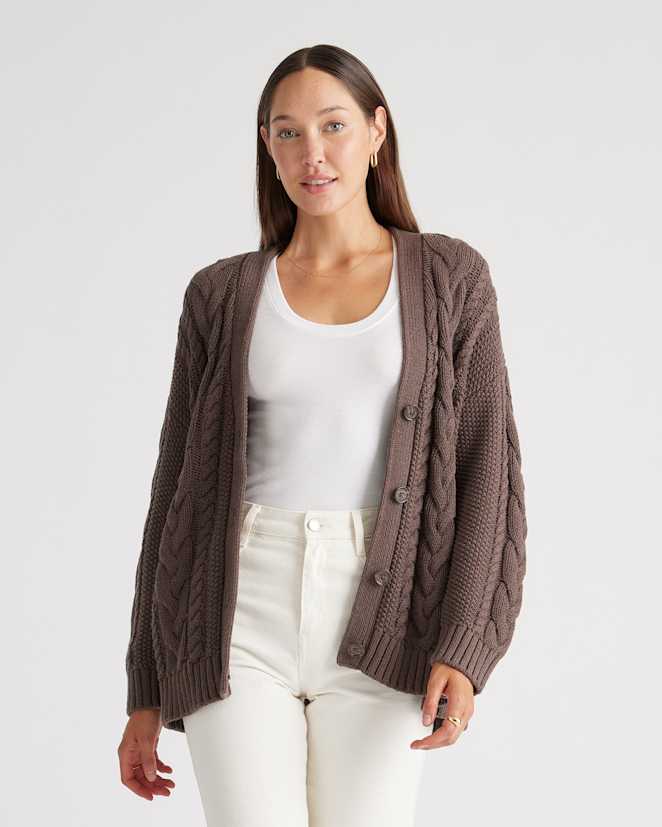 Heather Brown 100% Organic Cotton Oversized Cable Cardigan