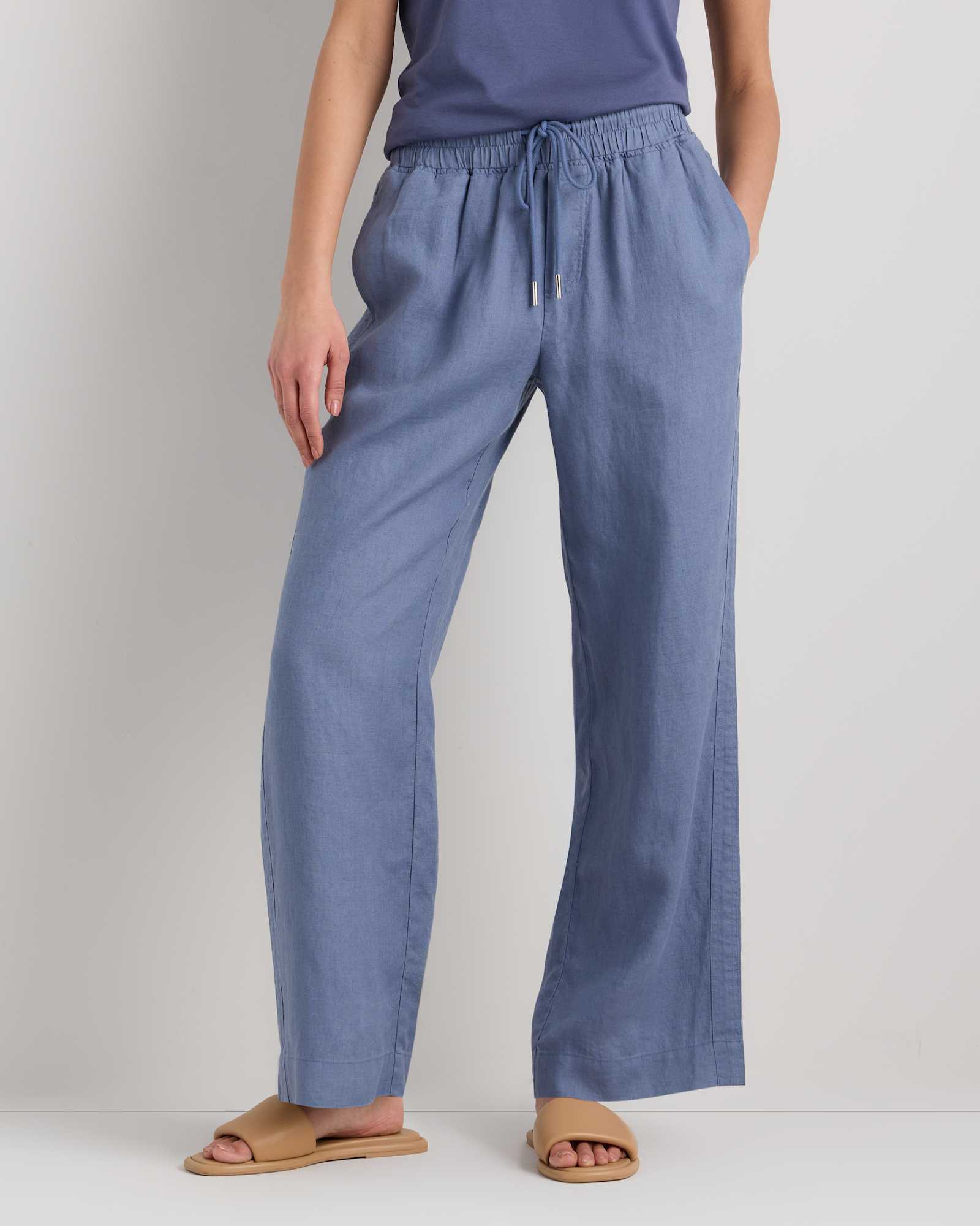 moonstone-blue 100% European Linen Wide Leg Pants