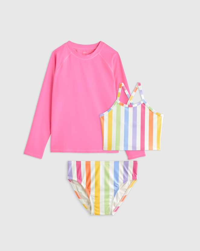 Rainbow Stripe Tankini and Long Sleeve Raglan Rash Guard Set