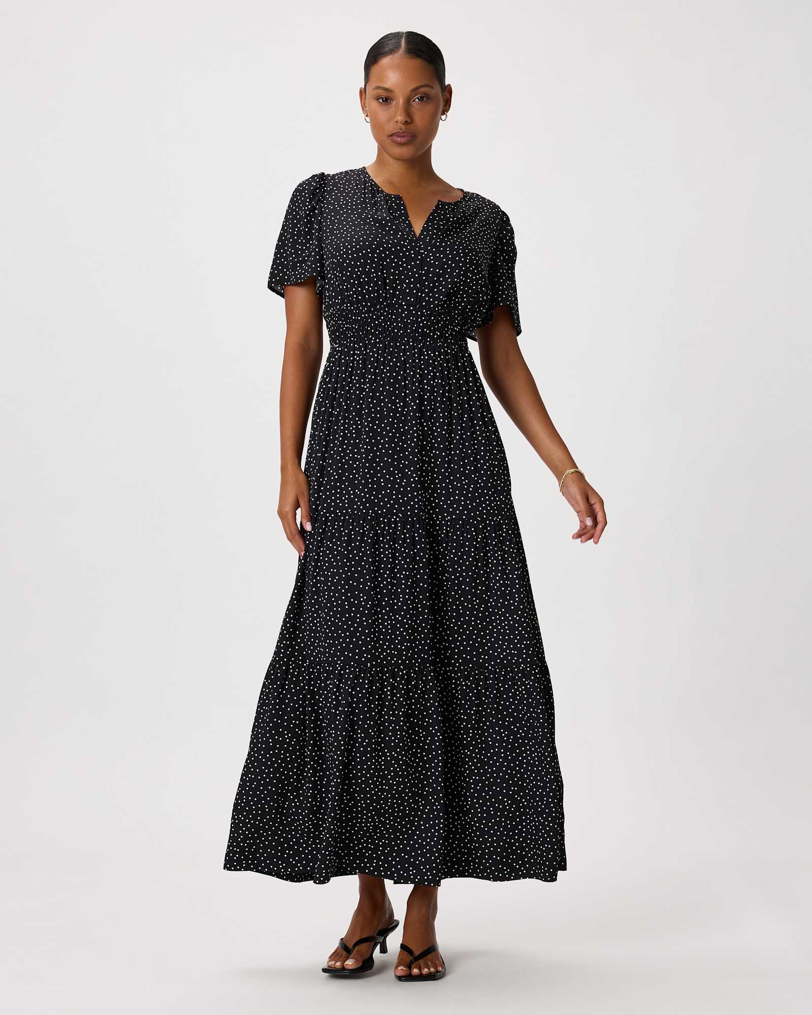 tiny-dot-black/-white Washable Stretch Silk Tiered Maxi Dress