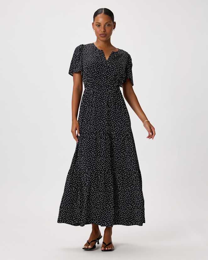 Tiny Dot Black/ White Washable Stretch Silk Tiered Maxi Dress