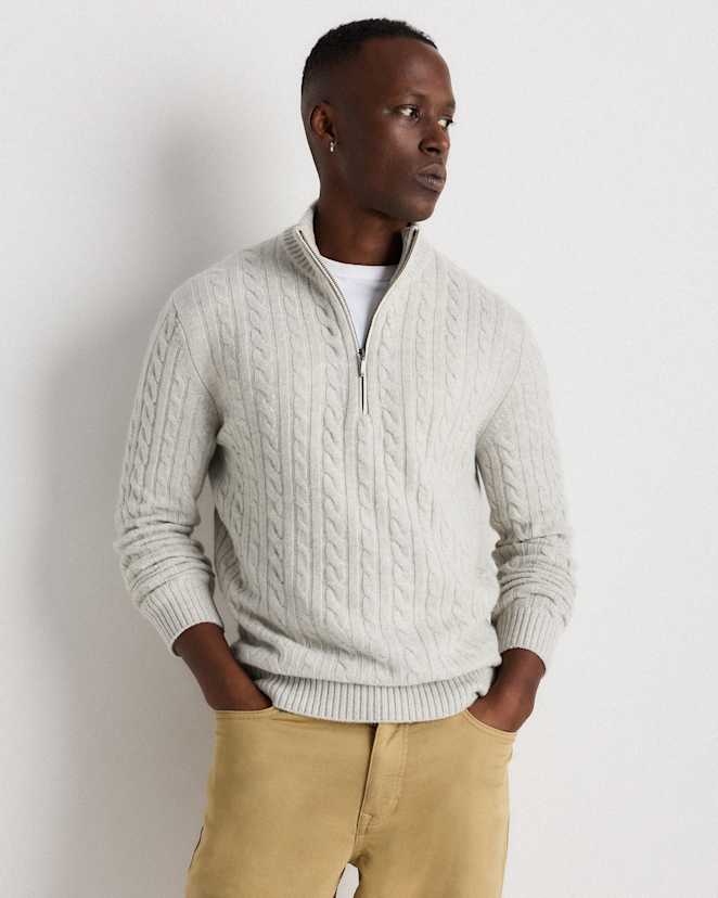 Pearled Ivory Luxe Baby Cashmere Cable Quarter Zip Sweater