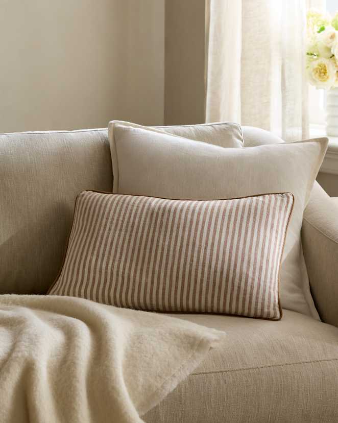 Latte/White Stripe Piped Linen Stripe Pillow Cover