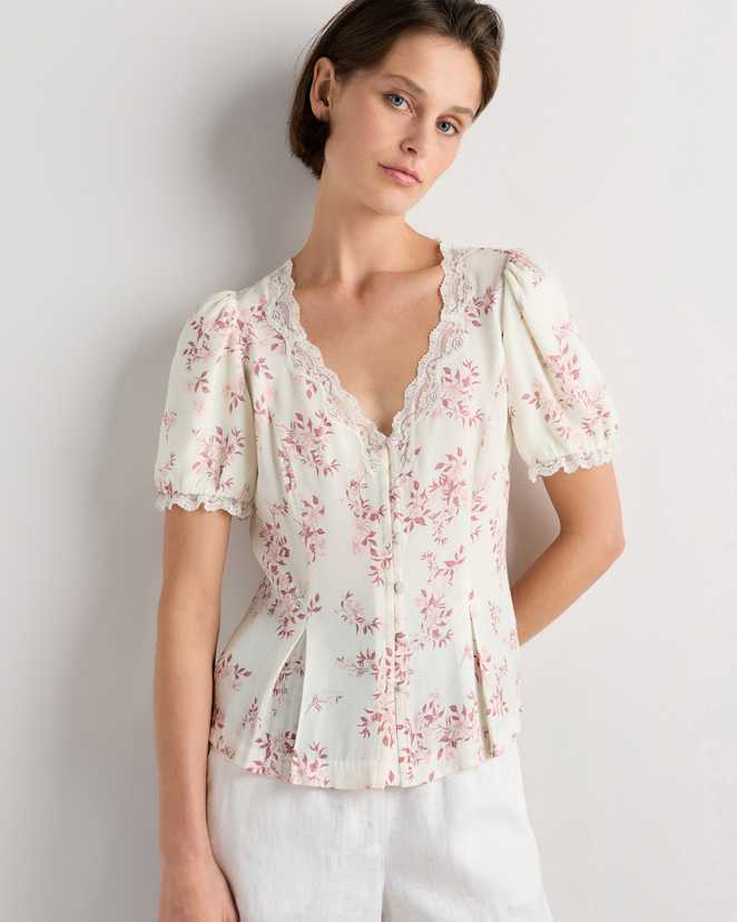 Ivory Rose Pink Petite Floral Lightweight Crepe Lace Puff Sleeve Blouse