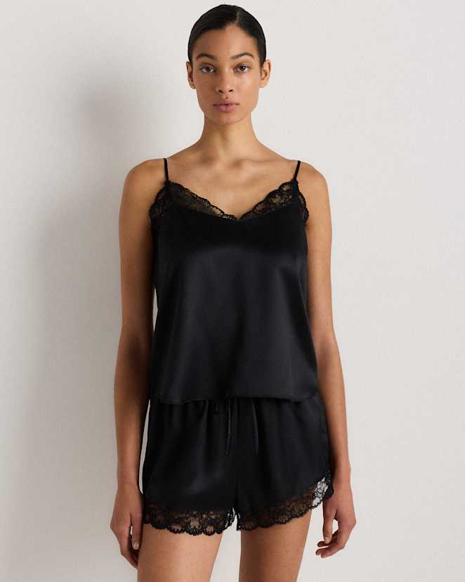 Black Haut de pyjama style camisole en satin 100% soie lavable à garnitures en dentelle