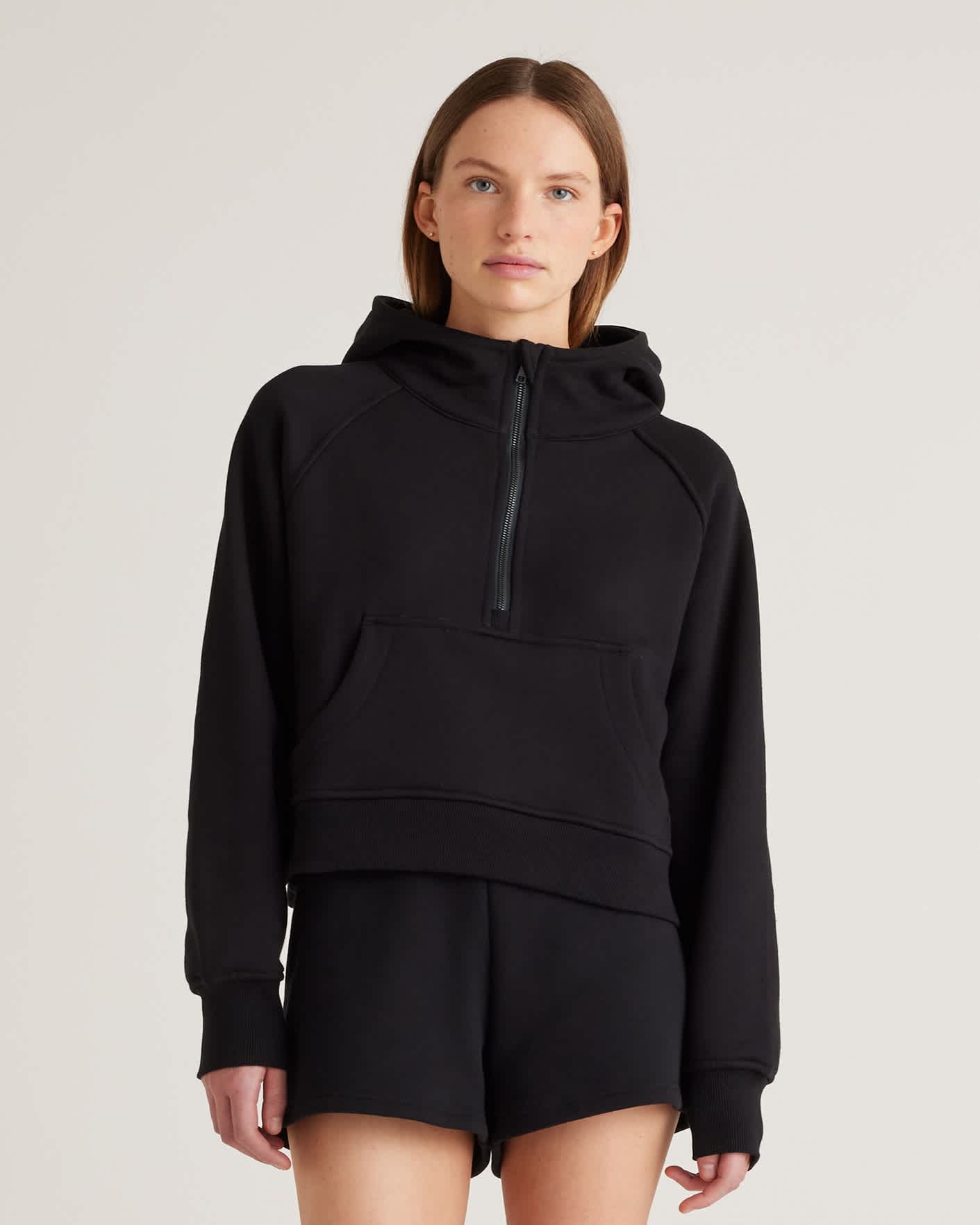 Black Organic Heavyweight Fleece Cropped Half Zip Hoodie