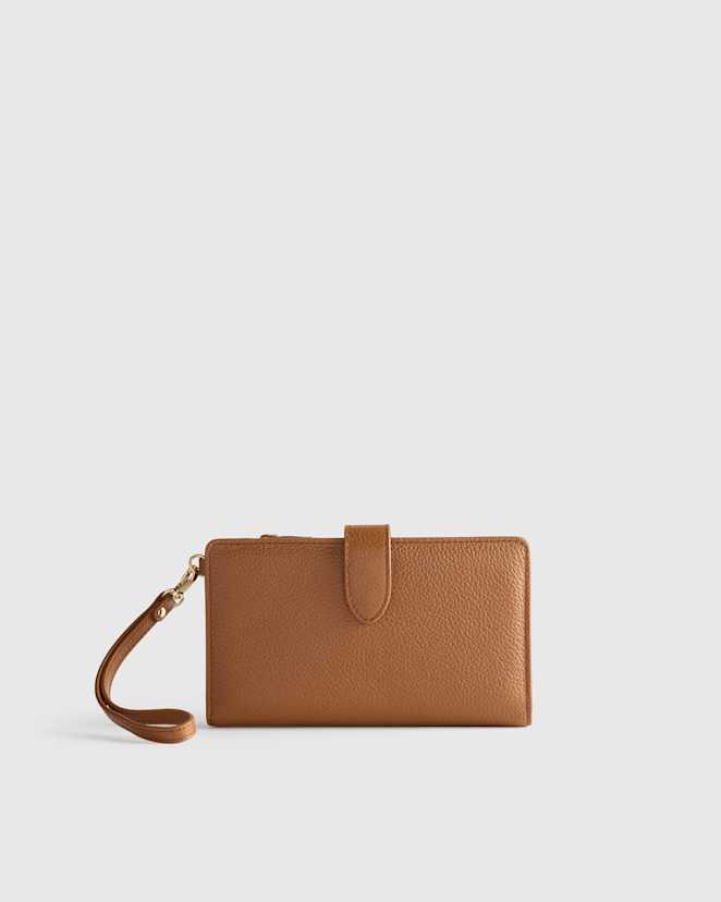 Cognac Italian Leather Phone Bi-Fold Wristlet