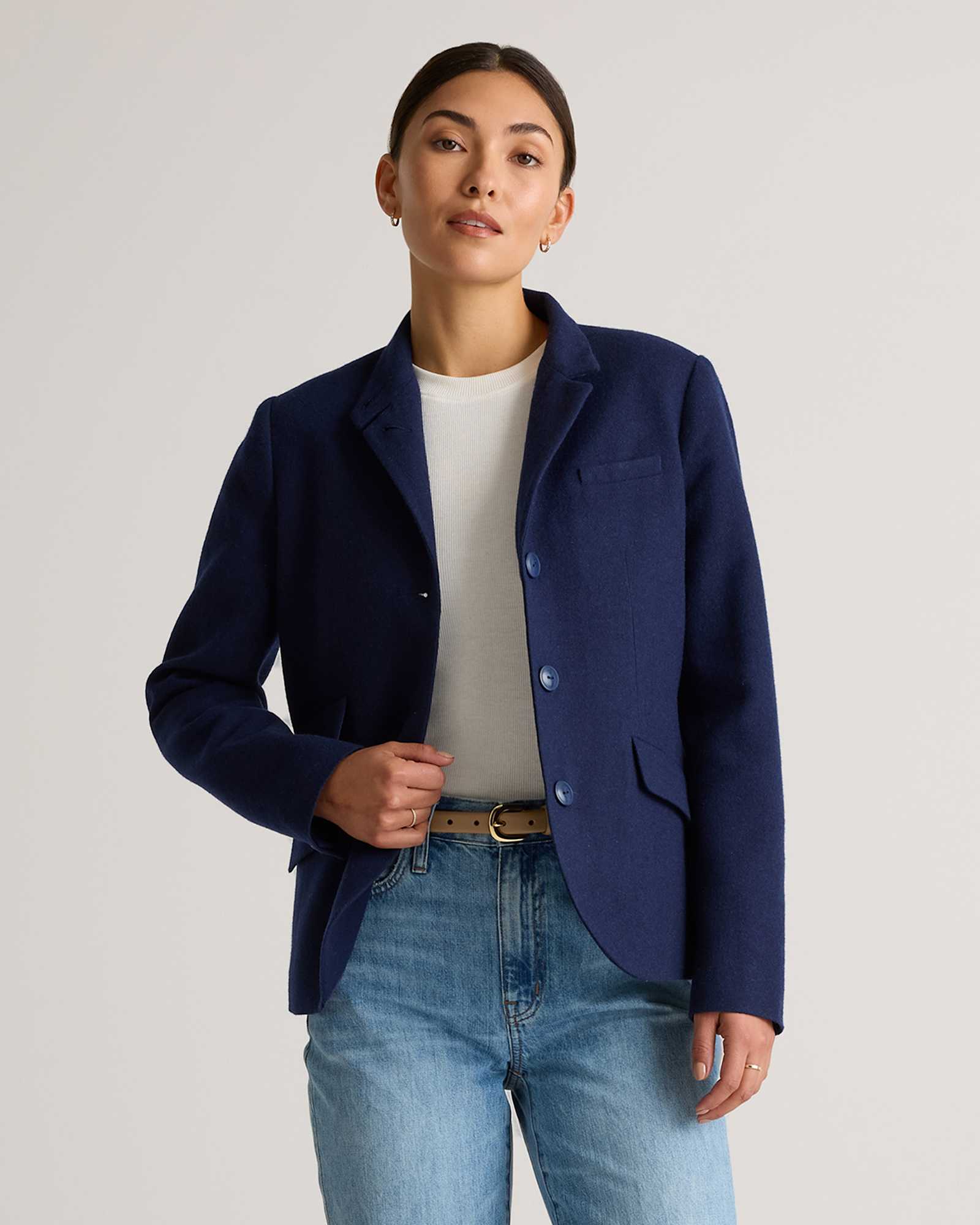 navy-blue Italian Wool Stand Collar Blazer