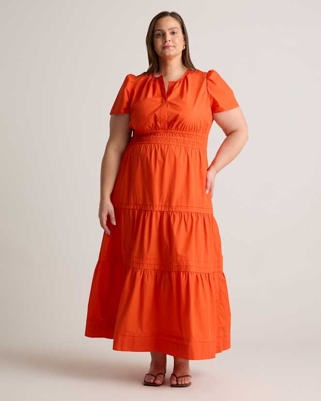 Vermilion Red 100% Organic Cotton Poplin Tiered Maxi Dress