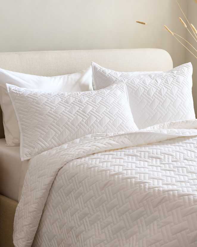U-BEDD-398-WHT-28254 EDITED White Organic Cotton Basketweave Quilted Sham Set