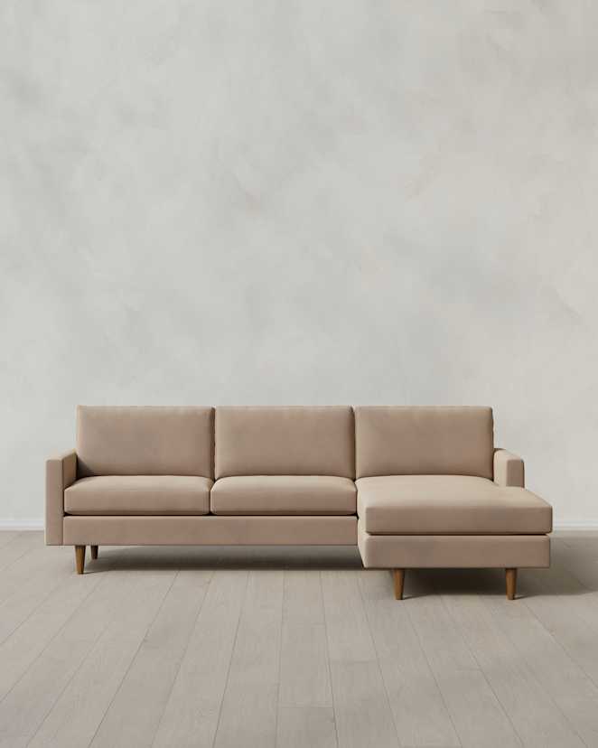 Taupe Atlas Midcentury Chaise Sectional in Performance Velvet